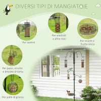Mangiatoia per Uccelli con 6 Ganci e 4 Contenitori per Mangime in Acciaio, 58x58x226cm