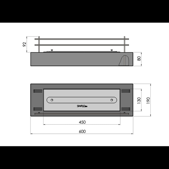 Bruciatore a bioetanolo inserto da appoggio nero opaco in inox 60cm con vetri