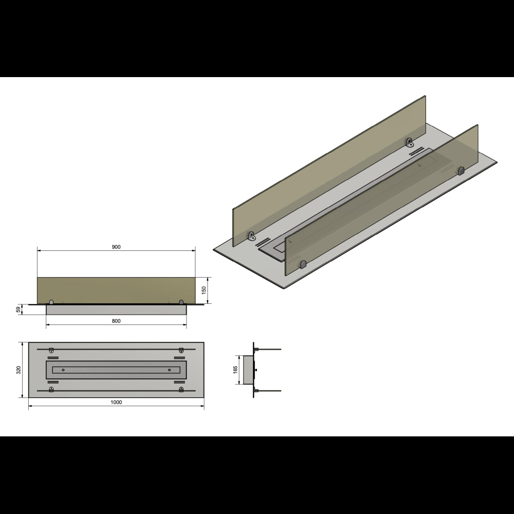 Bruciatore a Bioetanolo inserto/Appoggio 100cm in Inox con Vetri Inclusi