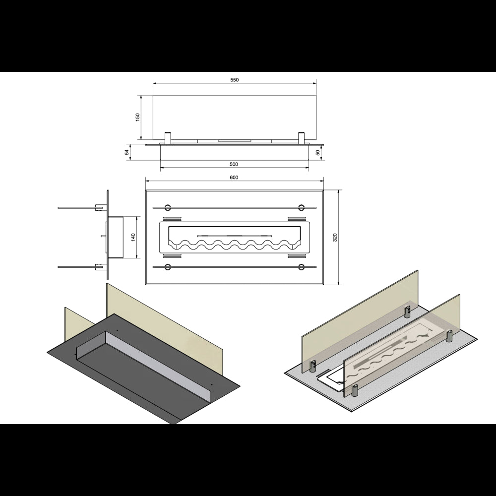 Bruciatore a Bioetanolo inserto/Appoggio 60cm in Inox con Vetri Inclusi