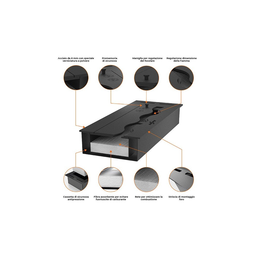 Bruciatore Inserto a Bioetanolo 100cm in Inox nero da incasso da 4 lt