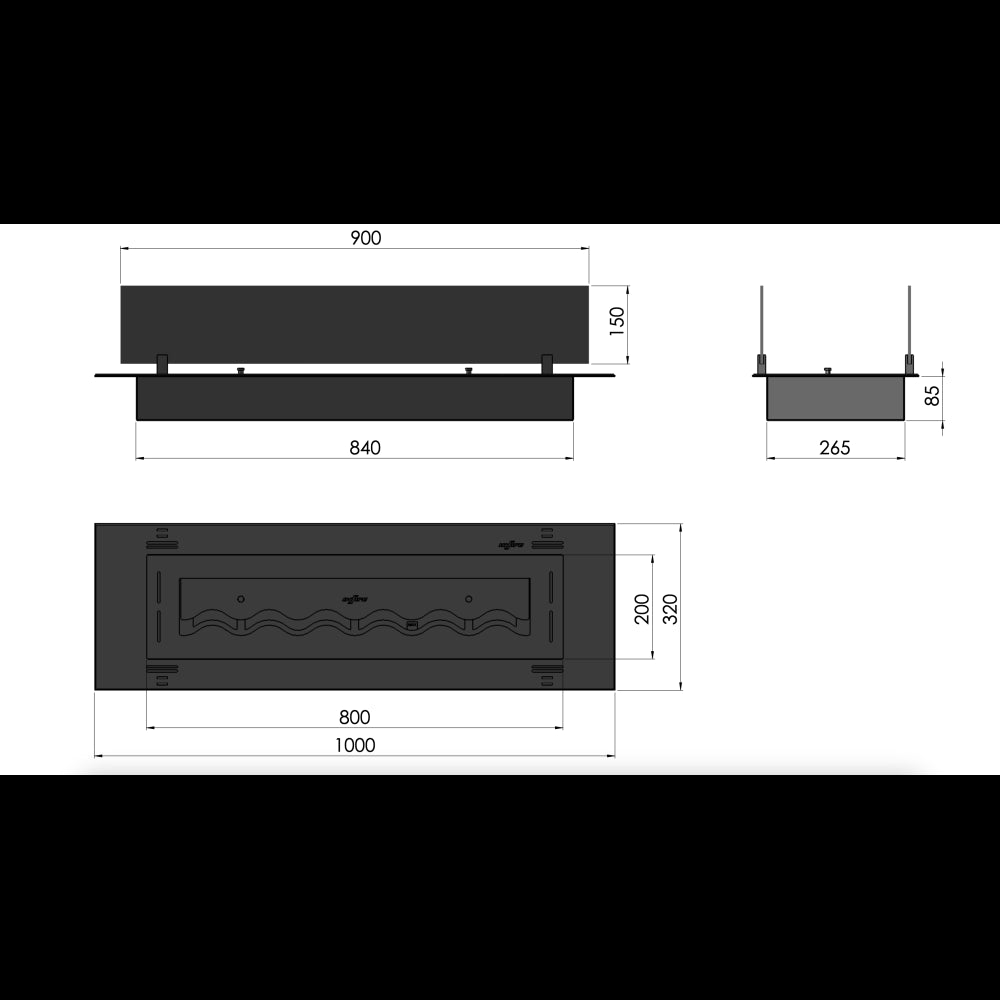 Bruciatore Inserto a Bioetanolo 100cm in Inox nero da incasso o appoggio da 3 lt con vetri inclusi