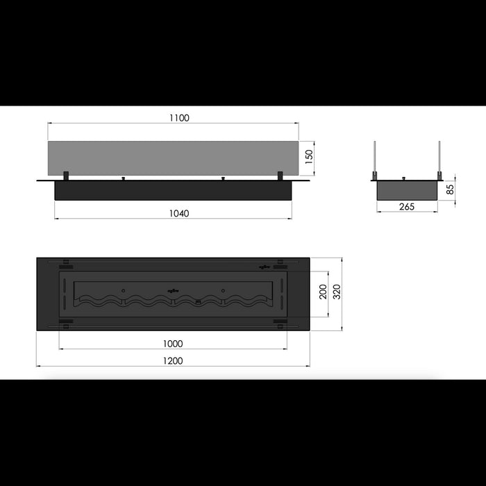 Bruciatore Inserto a Bioetanolo 120cm in Inox nero da incasso o appoggio da 4 lt con vetri inclusi