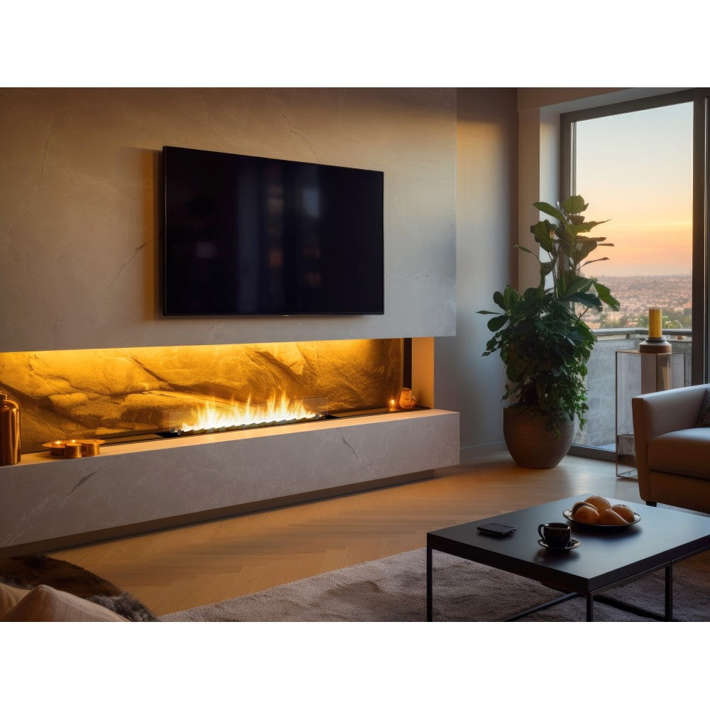 Bruciatore Inserto a Bioetanolo 120cm in Inox nero da incasso o appoggio da 4 lt con vetri inclusi