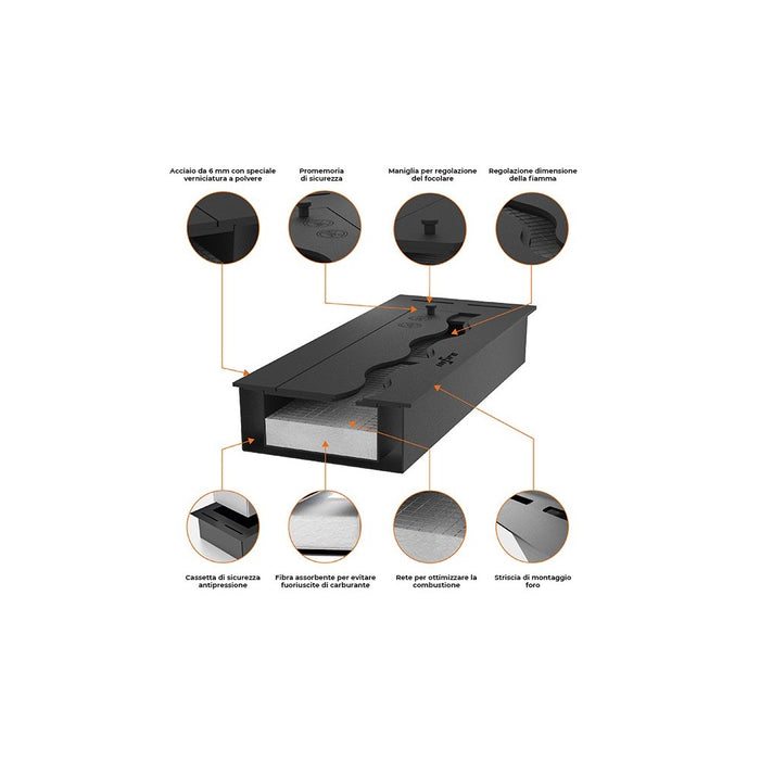 Bruciatore Inserto a Bioetanolo 150cm in Inox nero da incasso da 6 lt