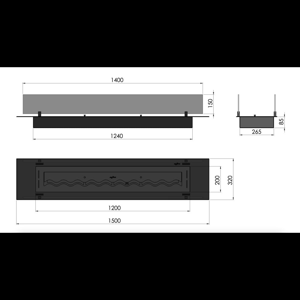 Bruciatore Inserto a Bioetanolo 150cm in Inox nero da incasso o appoggio da 5 lt con vetri inclusi