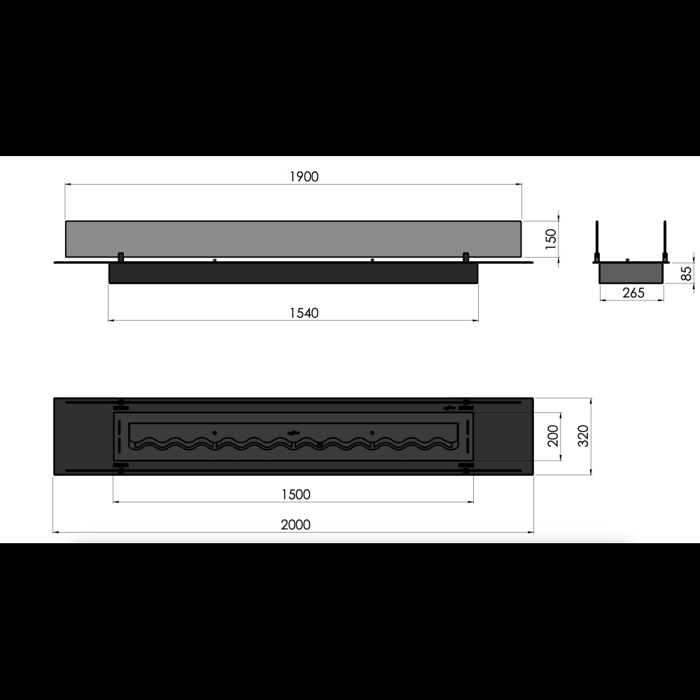 Bruciatore Inserto a Bioetanolo 200cm in Inox nero da incasso o appoggio da 6 lt con vetri inclusi