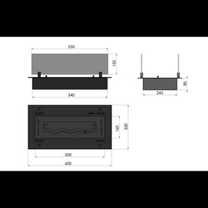 Bruciatore Inserto a Bioetanolo 60cm in Inox nero da incasso o appoggio da 1 lt con vetri inclusi