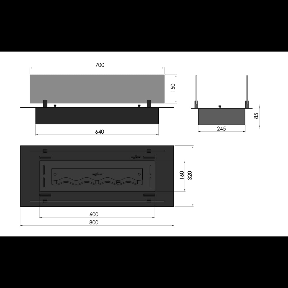 Bruciatore Inserto a Bioetanolo 80cm in Inox nero da incasso o appoggio da 1,2 lt con vetri inclusi