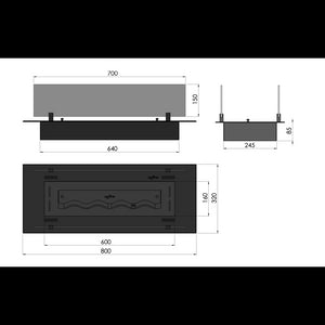 Bruciatore Inserto a Bioetanolo 80cm in Inox nero da incasso o appoggio da 1,2 lt con vetri inclusi