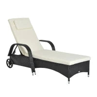 Lettino Prendisole da Giardino con Ruote, Sedia a Sdraio per Spiaggia con Altezza Regolabile in Rattan, Nero e Crema, 200x73x103cm