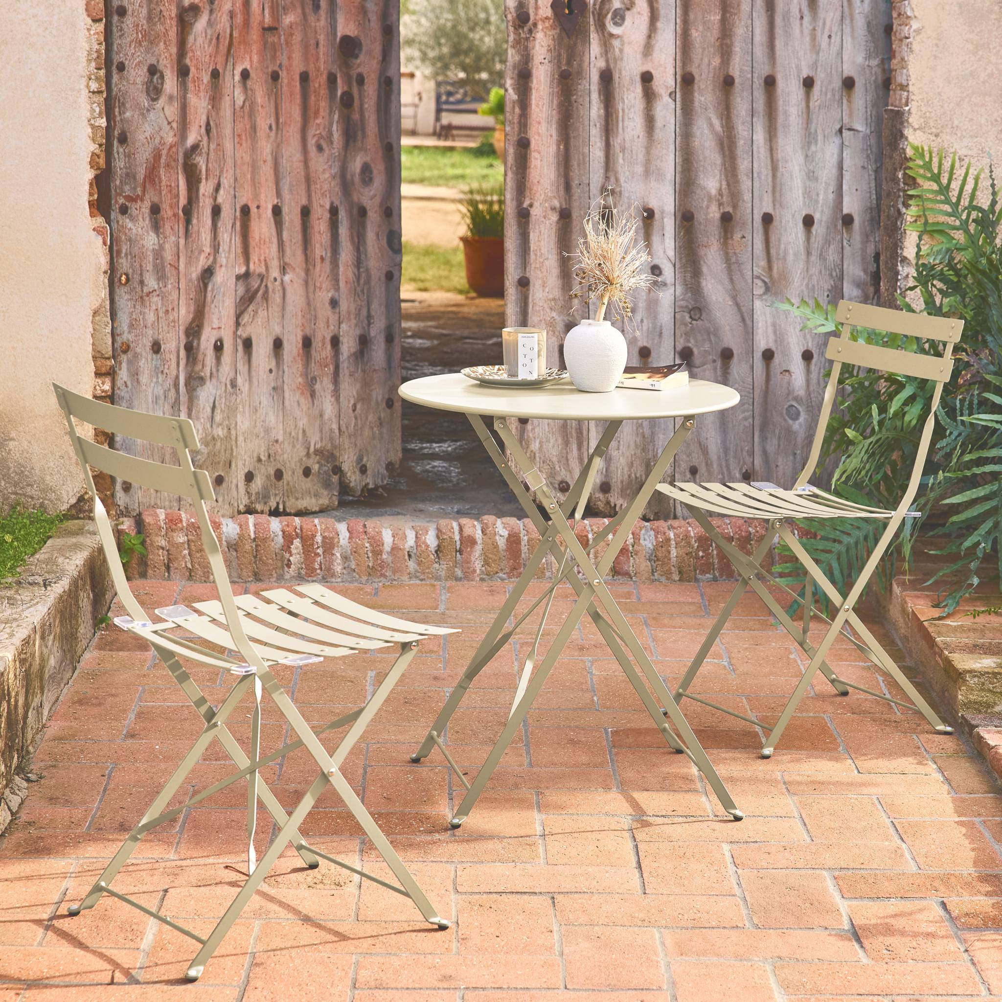 Tavolo da giardino bistrot pieghevole in metallo con 2 sedie, beige