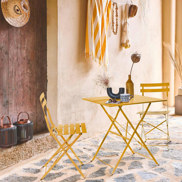 Tavolo da giardino pieghevole in metallo con 2 sedie, ocra