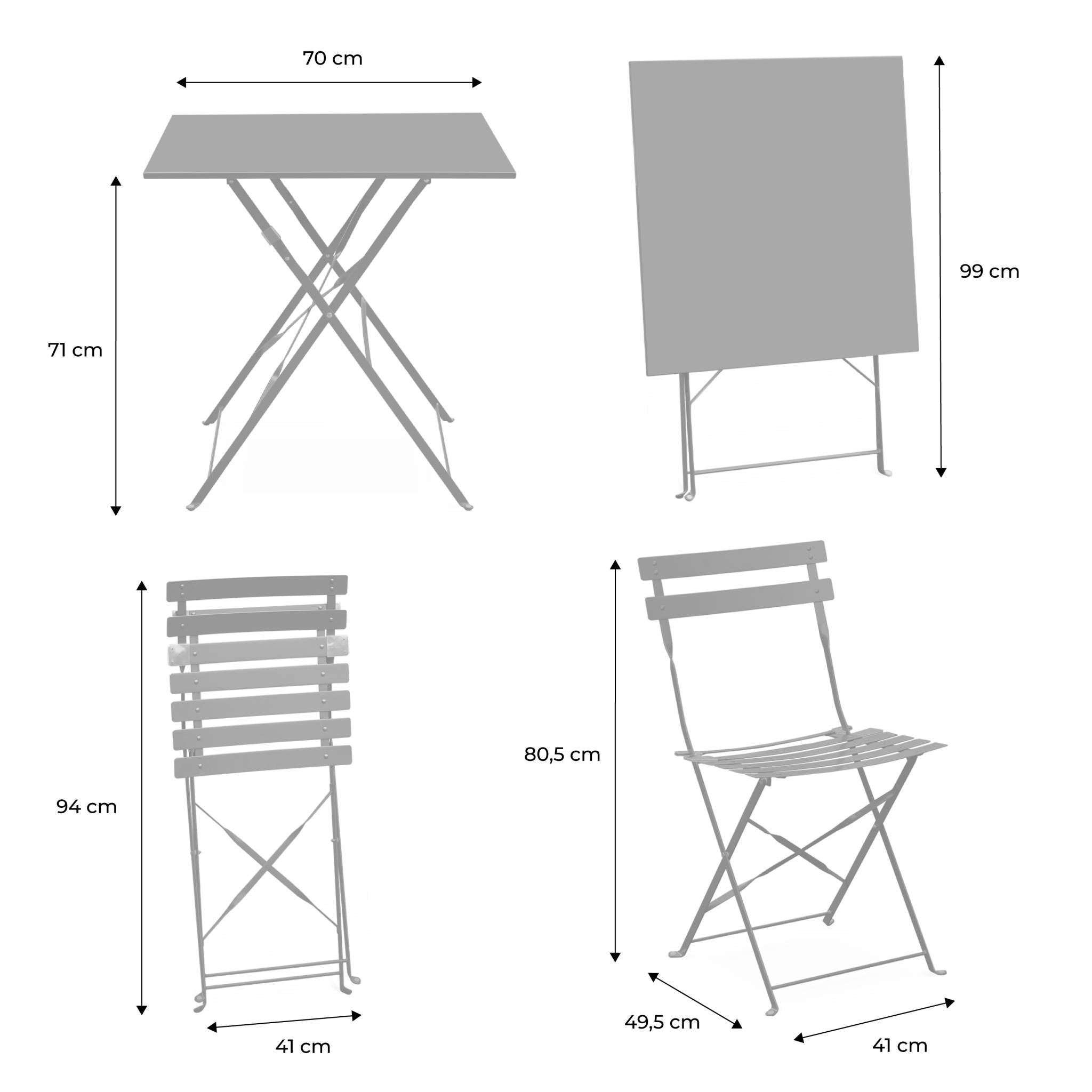 Tavolo da giardino bistrot pieghevole in metallo con 2 sedie, 70x70cm,