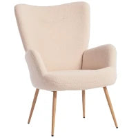 Poltrona Moderna in Tessuto Sherpa Imbottita con Schienale Alto e Braccioli, Beige