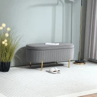Panca Contenitore Ovale da 72L con Coperchio Sollevabile, in Tessuto Vellutato e Legno, 108x44x43.5 cm, Grigio