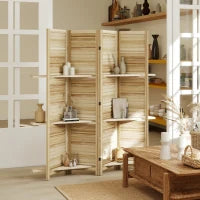 Paravento interno in legno a 4 pannelli, pieghevole con 3 ripiani, 160 x 170 cm, Legno naturale