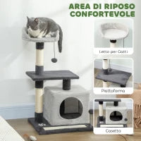 Albero Tiragraffi per Gatti Alto 85 cm con Casetta, Lettino, Pali e Tappetino Tiragraffi, Grigio