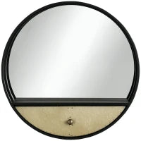 Specchio da Parete Rotondo da Ø61cm con Cassetto e Cornice in Metallo Nero