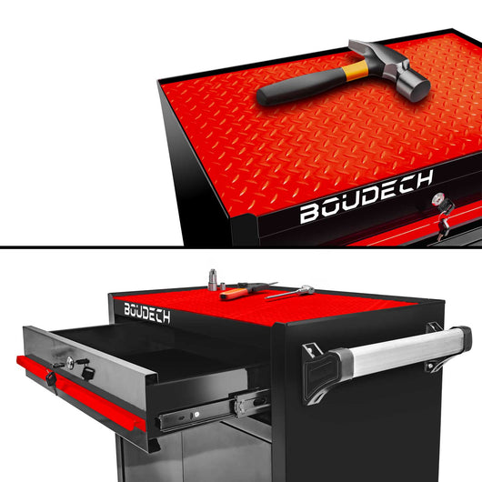 Buddy - Carrello da officina a due ante con cassetto e serratura, armadietto da garage con ruote autobloccanti, superficie di lavoro con tappetino antiscivolo