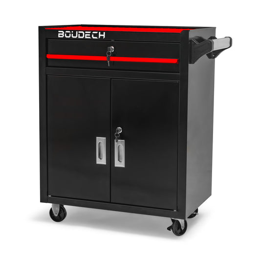 Buddy - Carrello da officina a due ante con cassetto e serratura, armadietto da garage con ruote autobloccanti, superficie di lavoro con tappetino antiscivolo