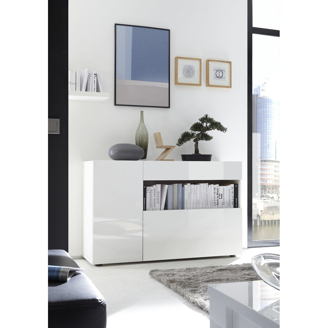 Credenza con 1 cassetto e 2 ante, collezione KALO, colore bianco, ideale per il tuo soggiorno.