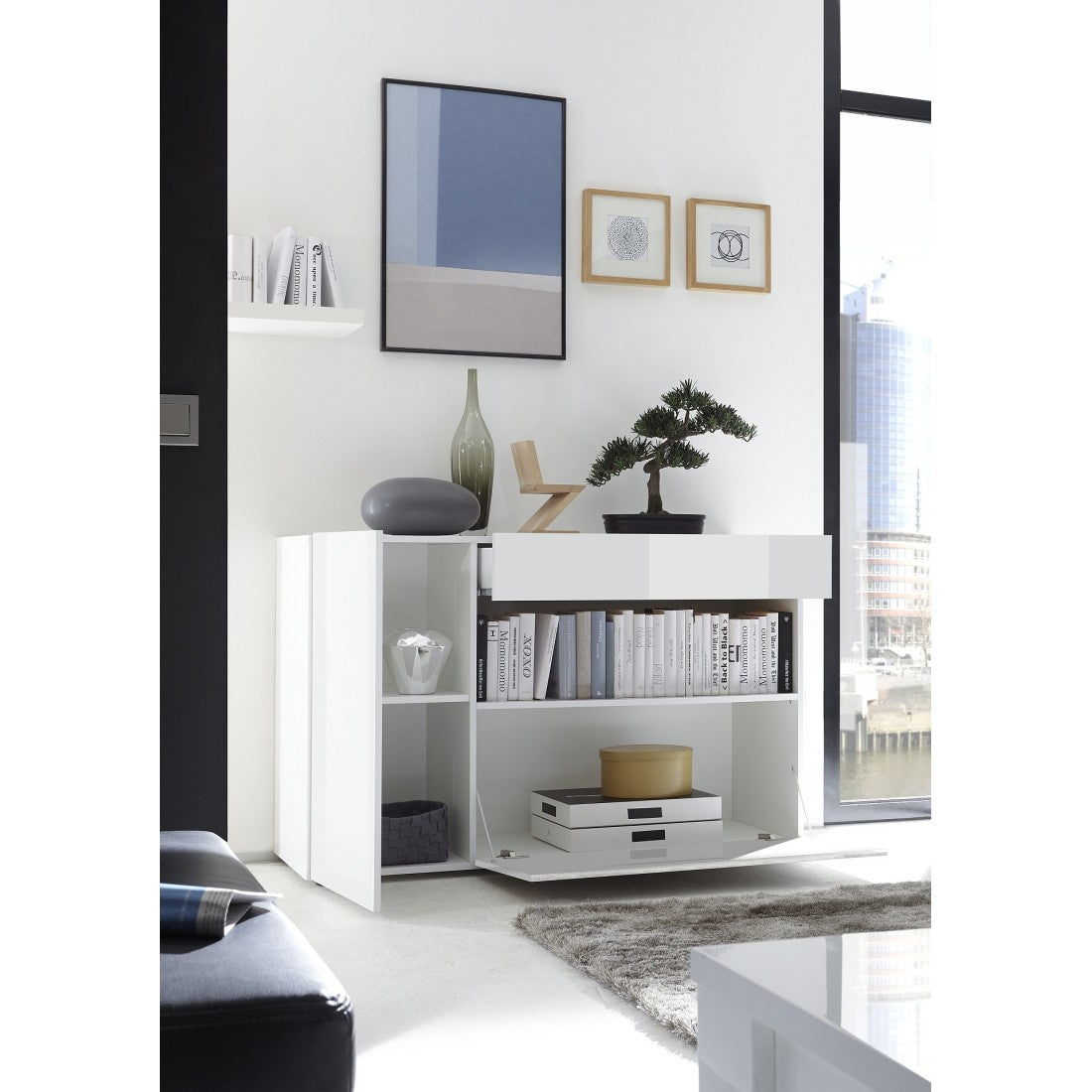 Credenza con 1 cassetto e 2 ante, collezione KALO, colore bianco, ideale per il tuo soggiorno.