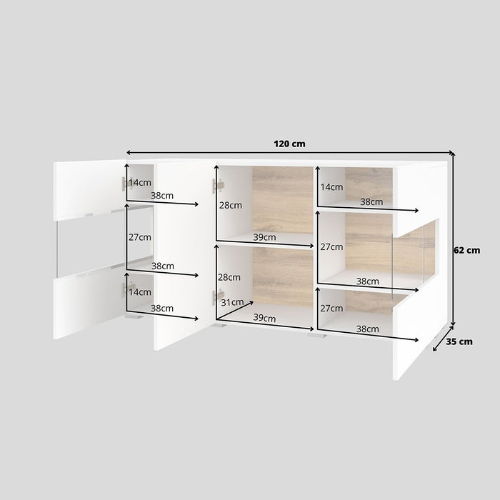 Credenza 120cm collezione EVA a 3 porte. Colore bianco e rovere.