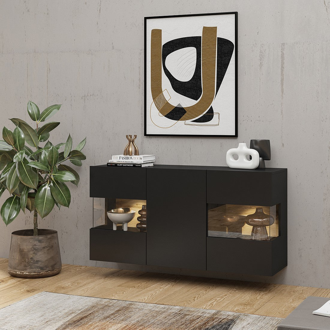 Buffet 120cm collezione EVA a 3 porte. Colore nero e rovere.