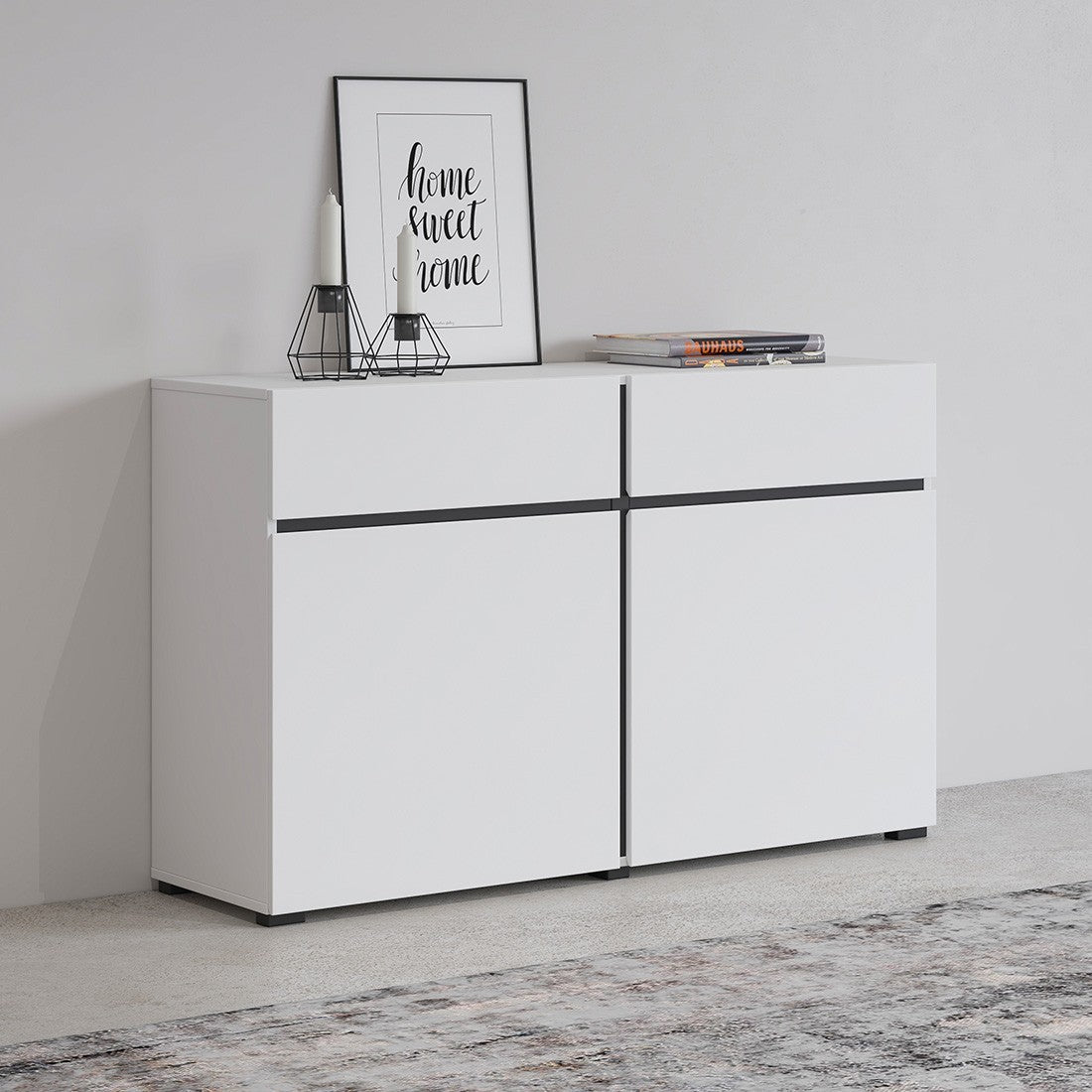 Buffet 120cm colori bianco e nero collezione HAVANA. Credenza di design con 2 porte e 2 cassetti.