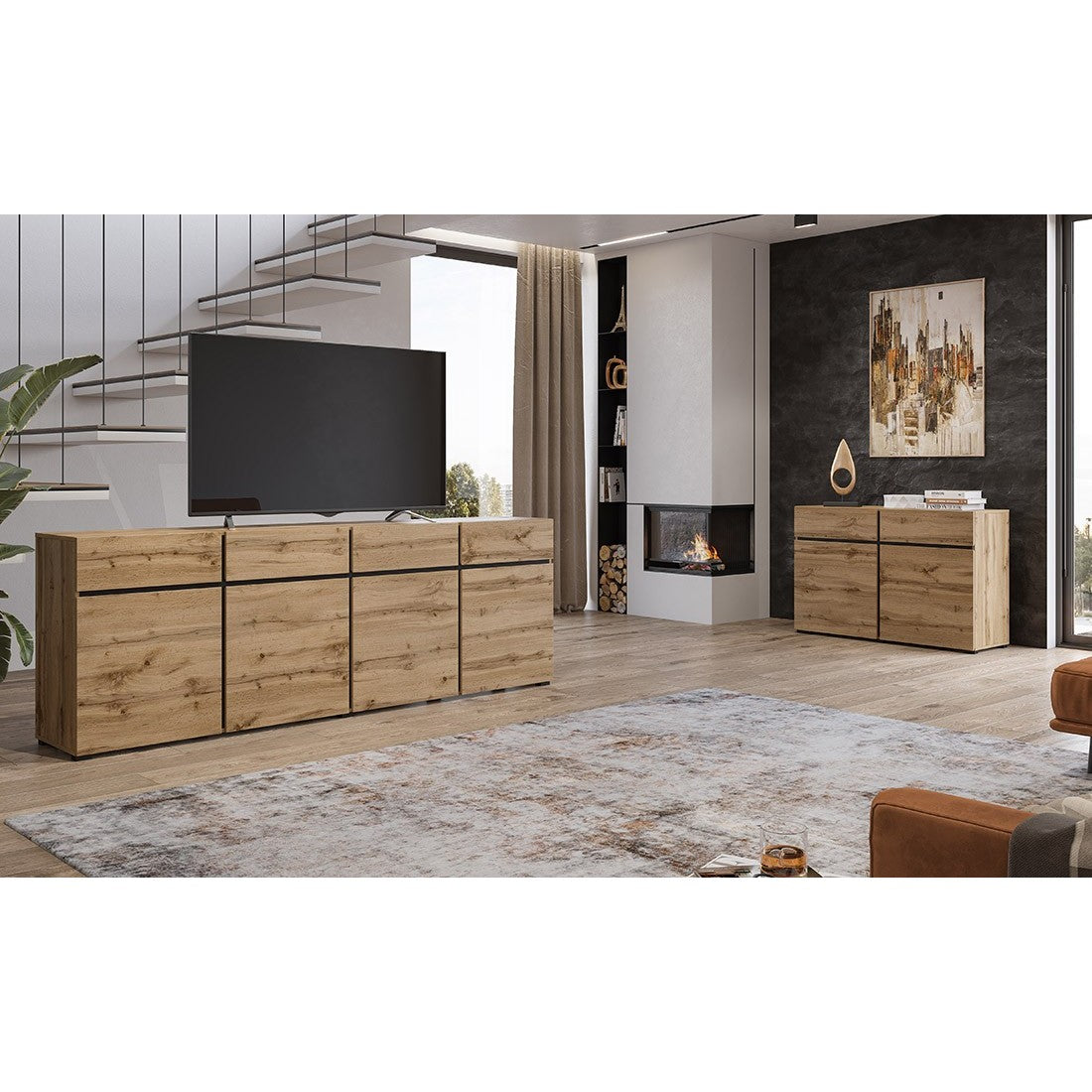 Buffet 120cm colore rovere e nero collezione HAVANA. Credenza design con 2 porte e 2 cassetti.