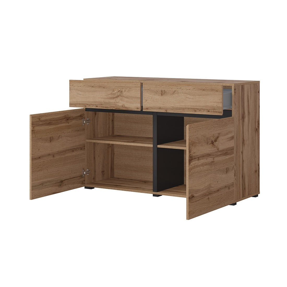 Buffet 120cm colore rovere e nero collezione HAVANA. Credenza design con 2 porte e 2 cassetti.