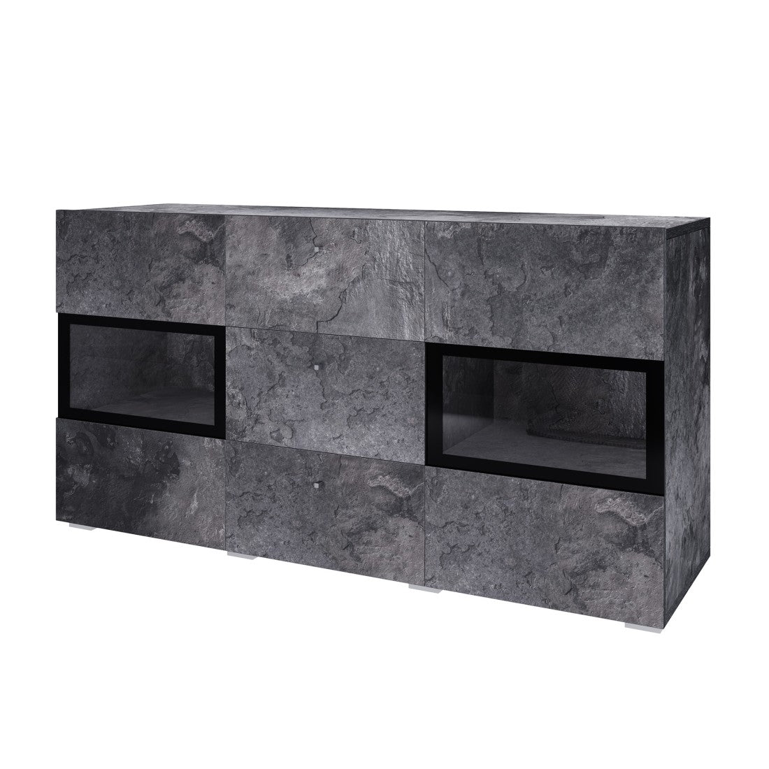 Buffet 130 cm RAMOS – Grigio effetto ardesia e nero – 2 porte vetrate + 3 cassetti – Senza LED