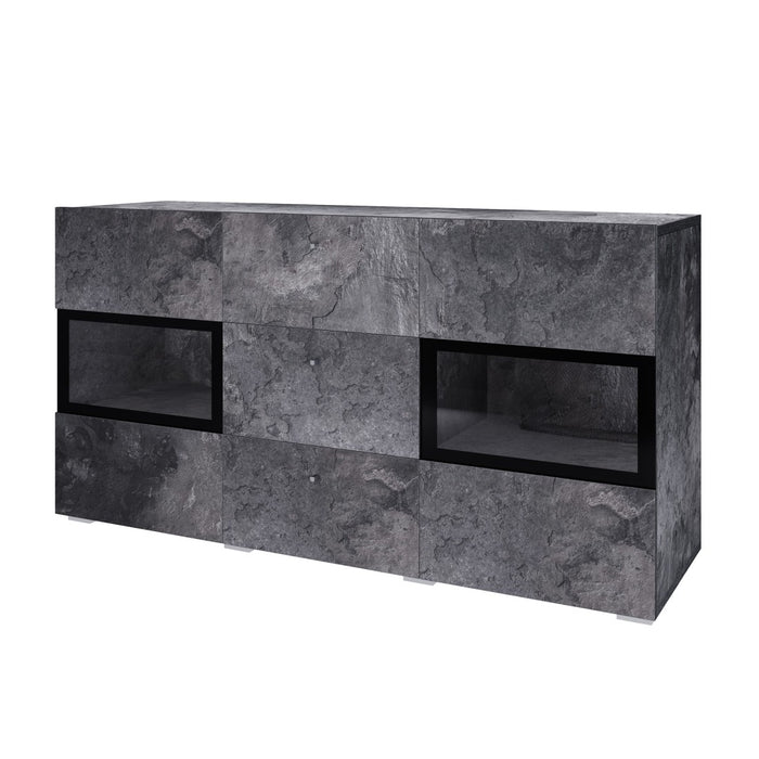 Buffet 130 cm RAMOS – Grigio effetto ardesia e nero – 2 porte vetrate + 3 cassetti – Senza LED