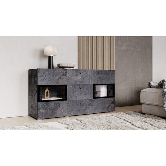 Buffet 130 cm RAMOS – Grigio effetto ardesia e nero – 2 porte vetrate + 3 cassetti – Senza LED