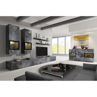 Buffet 130 cm RAMOS – Grigio effetto ardesia e nero – 2 porte vetrate + 3 cassetti – Senza LED