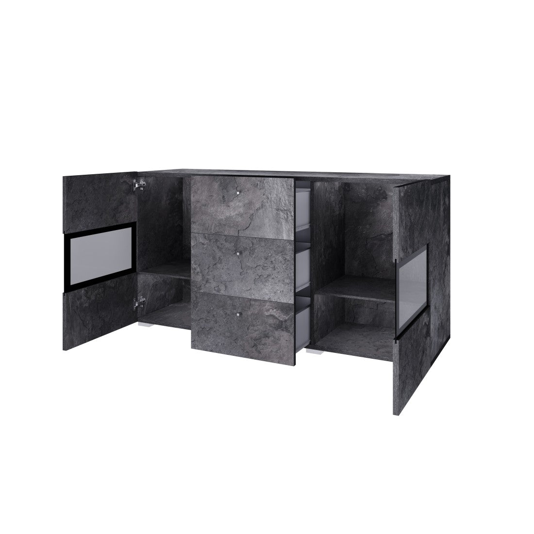 Buffet 130 cm RAMOS – Grigio effetto ardesia e nero – 2 porte vetrate + 3 cassetti – Senza LED