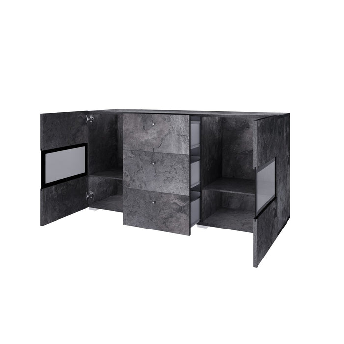 Buffet 130 cm RAMOS – Grigio effetto ardesia e nero – 2 porte vetrate + 3 cassetti – Senza LED