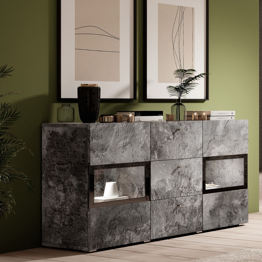 Buffet 2 ante e 3 cassetti collezione RAMOS. Illuminazione LED integrata. Colore grigio effetto ardesia e nero.