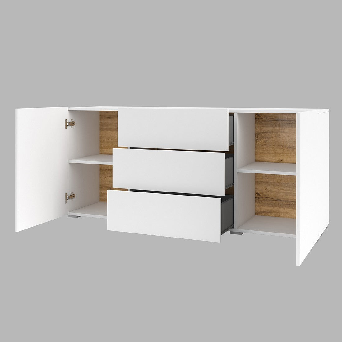 Buffet 140cm collezione EVA con 2 porte e 3 cassetti. Colore bianco e rovere.