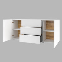 Buffet 140cm collezione EVA con 2 porte e 3 cassetti. Colore bianco e rovere.