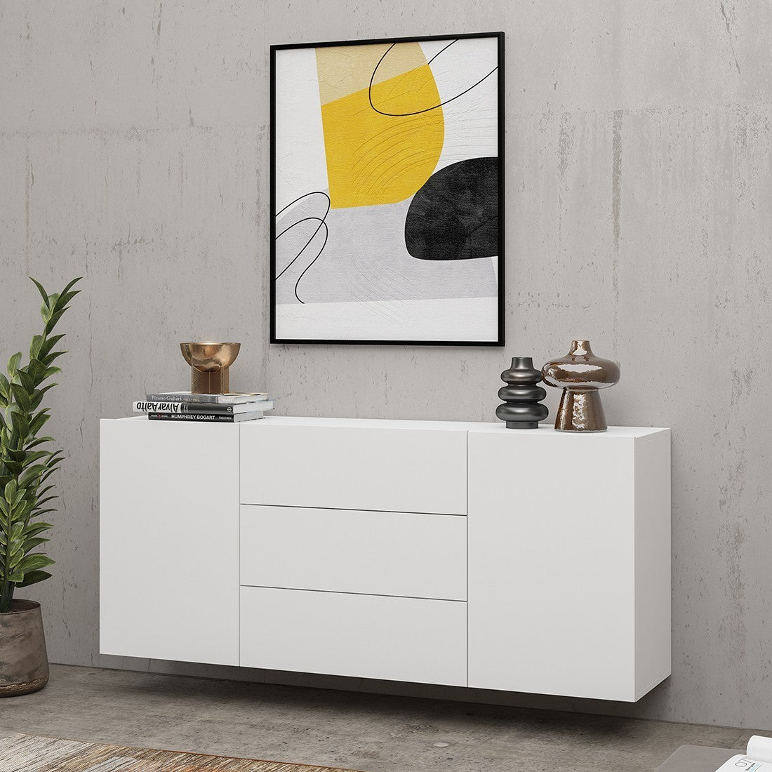 Buffet 140cm collezione EVA con 2 porte e 3 cassetti. Colore bianco e rovere.