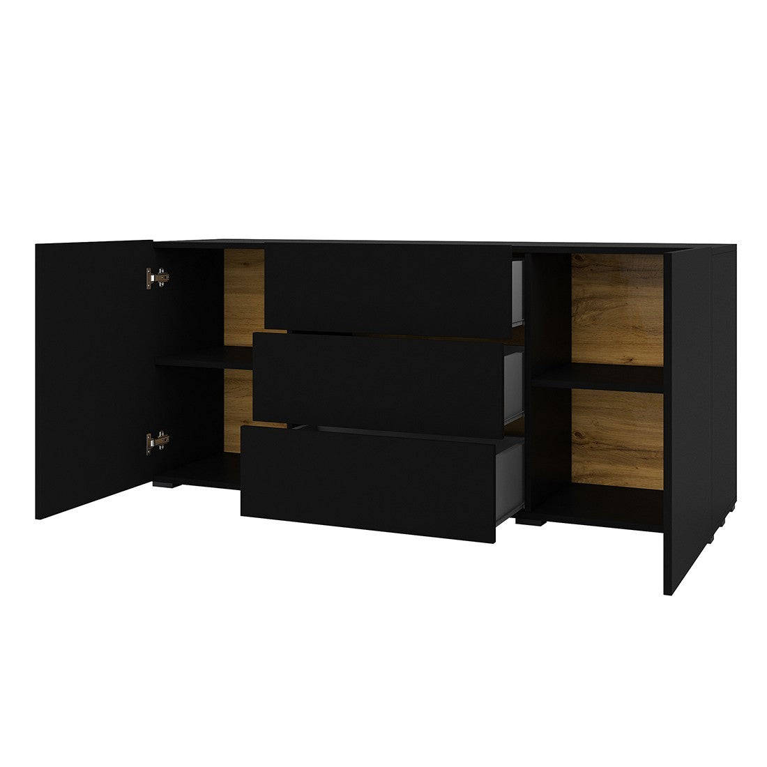 Credenza 140 cm collezione EVA con 2 ante e 3 cassetti. Colore nero e rovere.