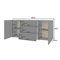 Credenza 140 cm collezione EVA con 2 ante e 3 cassetti. Colore nero e rovere.