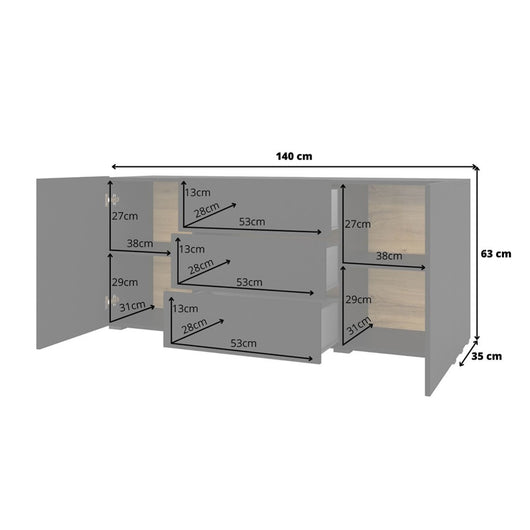 Credenza 140 cm collezione EVA con 2 ante e 3 cassetti. Colore nero e rovere.