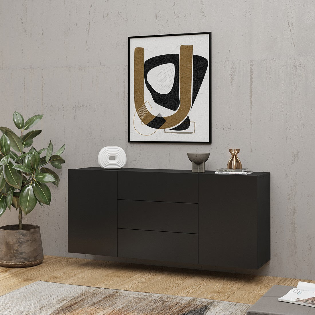 Credenza 140 cm collezione EVA con 2 ante e 3 cassetti. Colore nero e rovere.
