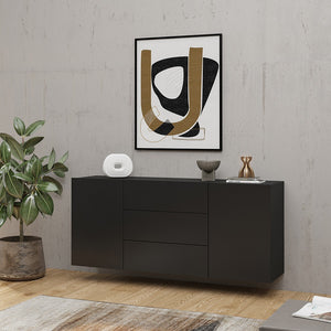 Credenza 140 cm collezione EVA con 2 ante e 3 cassetti. Colore nero e rovere.