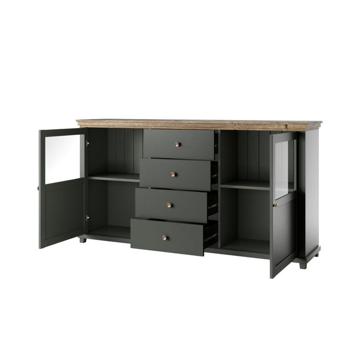 Buffet 180cm con LED integrate collezione ASSIA. Colori verde e rovere. 2 porte e 4 cassetti.