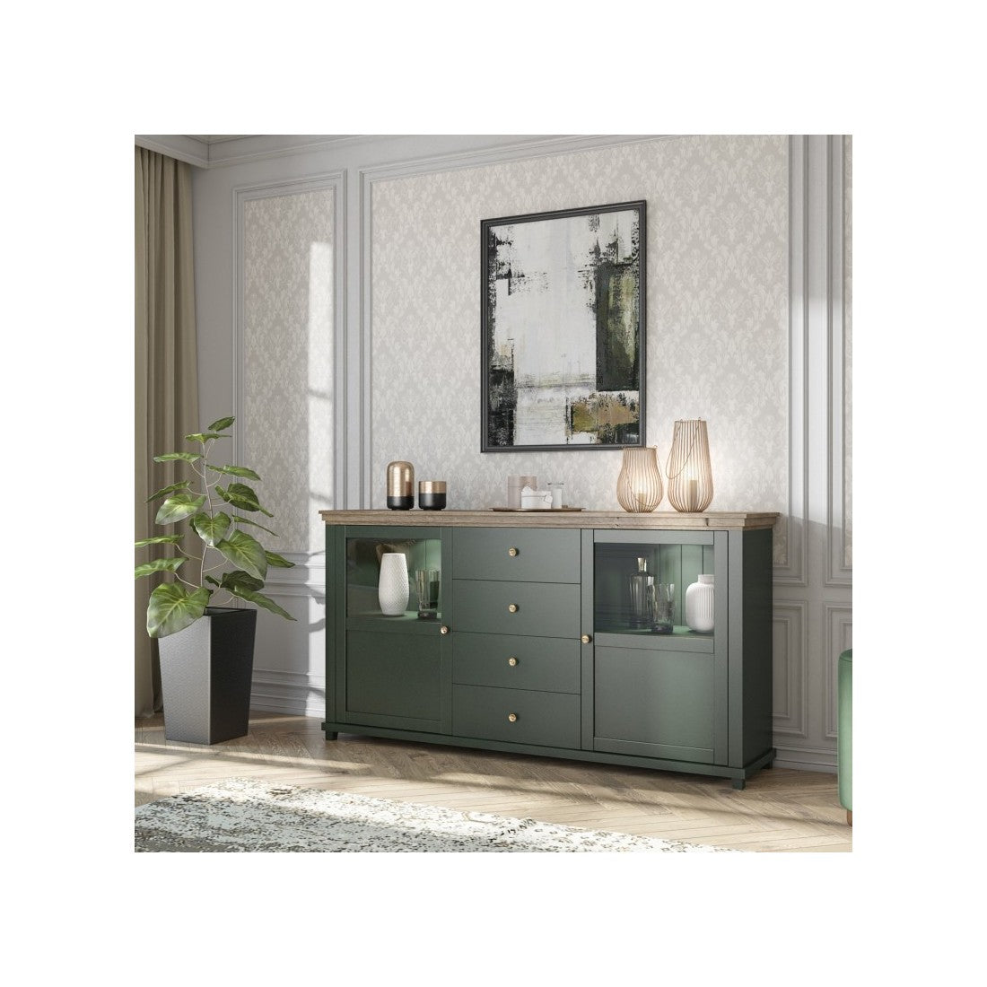 Buffet 180cm con LED integrate collezione ASSIA. Colori verde e rovere. 2 porte e 4 cassetti.