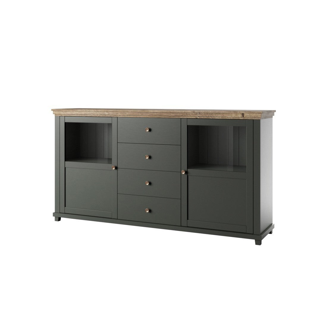 Buffet 180cm con LED integrate collezione ASSIA. Colori verde e rovere. 2 porte e 4 cassetti.